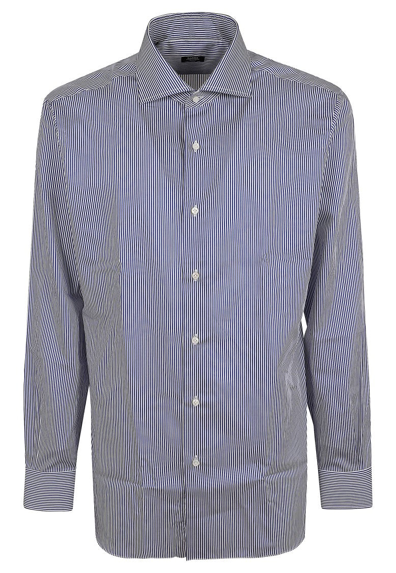 Barba Napoli White And Blue Striped Spread Collar Cotton Shirt
