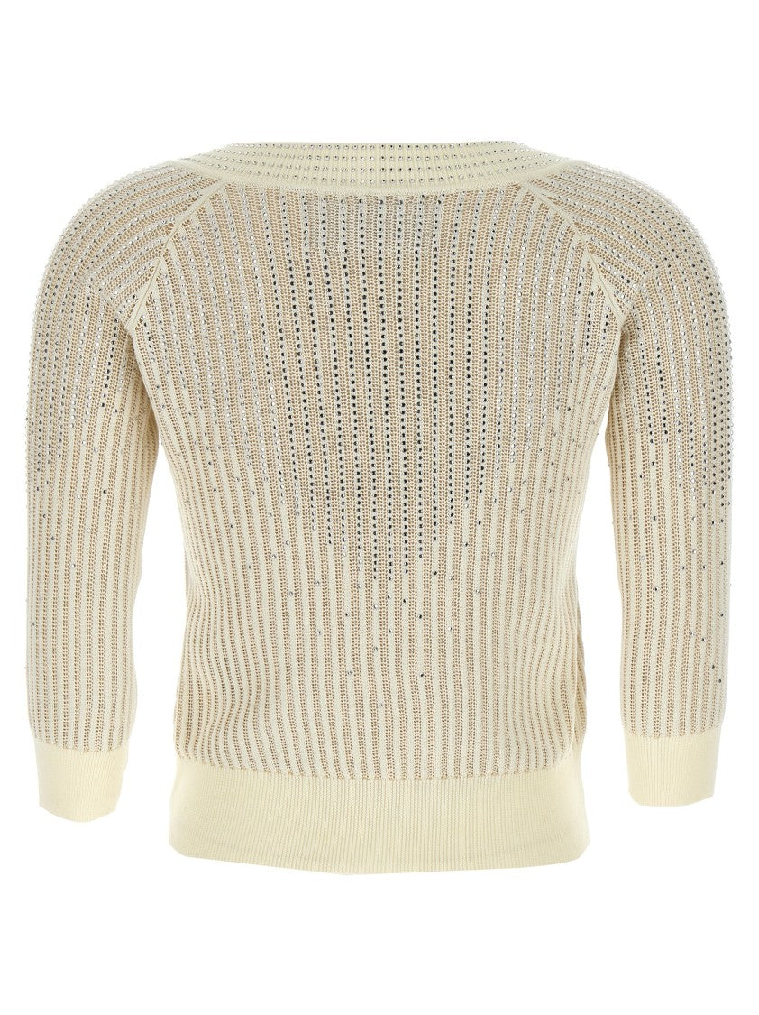 Ermanno Scervino Rhinestone-Embellished Cotton Sweater With V-Neck And 3/4 Sleeves