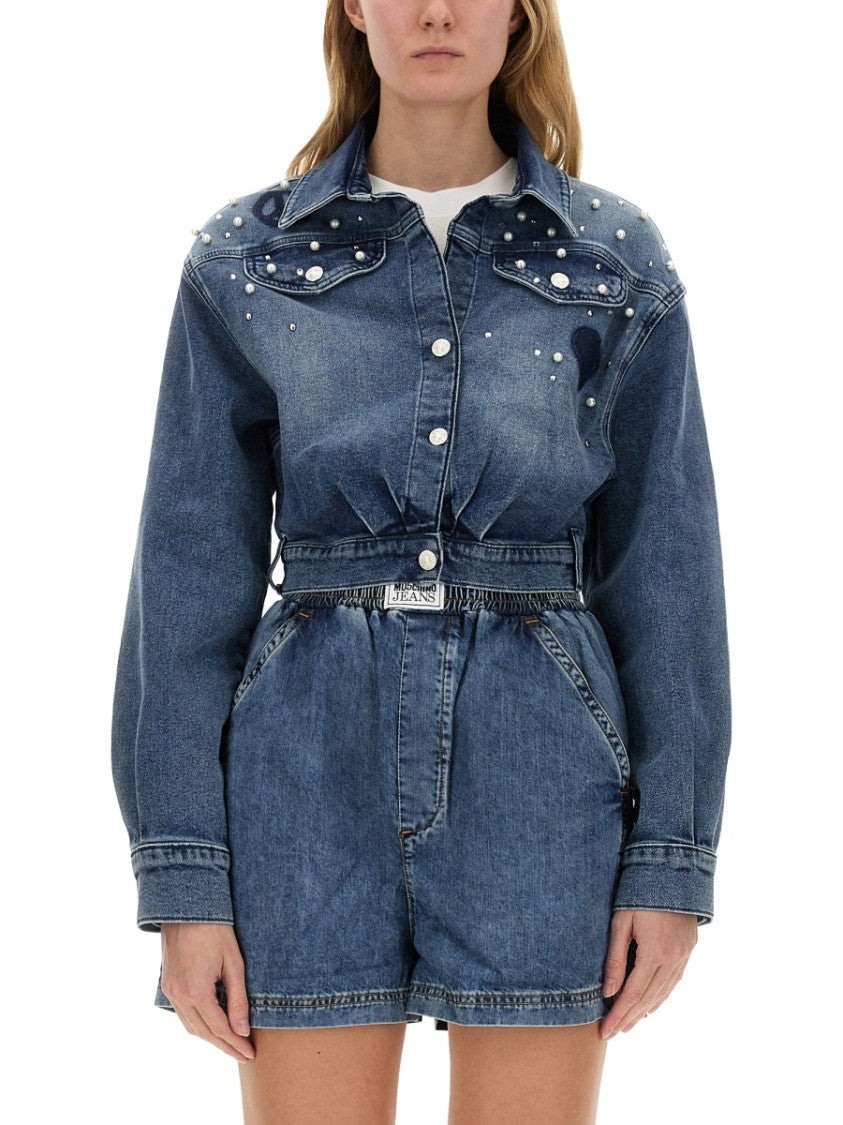 Moschino Pearl-Accented Denim Shirt With Belted Waist