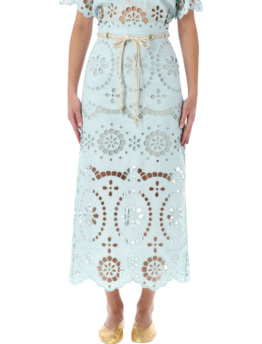 Zimmermann Awaken Light Blue Broderie Anglaise Midi Skirt