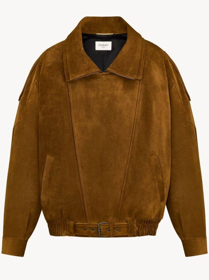 Saint Laurent Brown Suede Belted Oversized Blouson Jacket