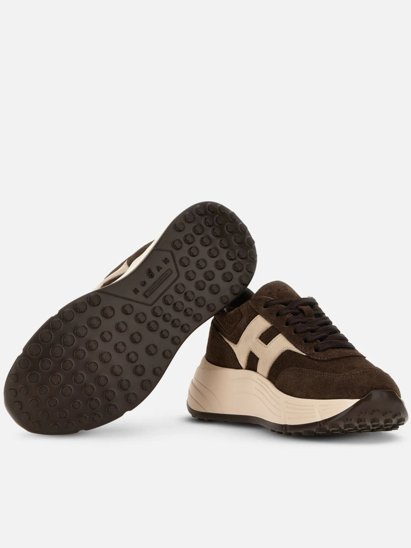 Hogan Dark Brown Suede Sneakers With Beige Logo And Cream Sole