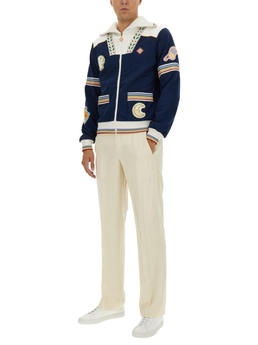 Casablanca Navy Zip Sweatshirt With Embroidered Patches