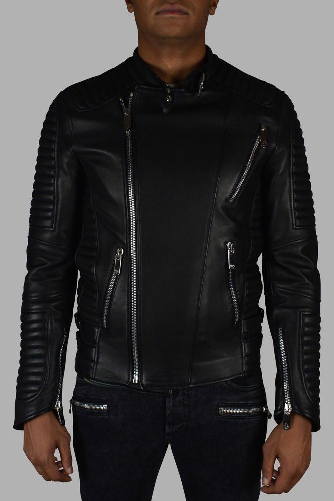 Philipp Plein Asymmetrical Black Leather Biker Jacket