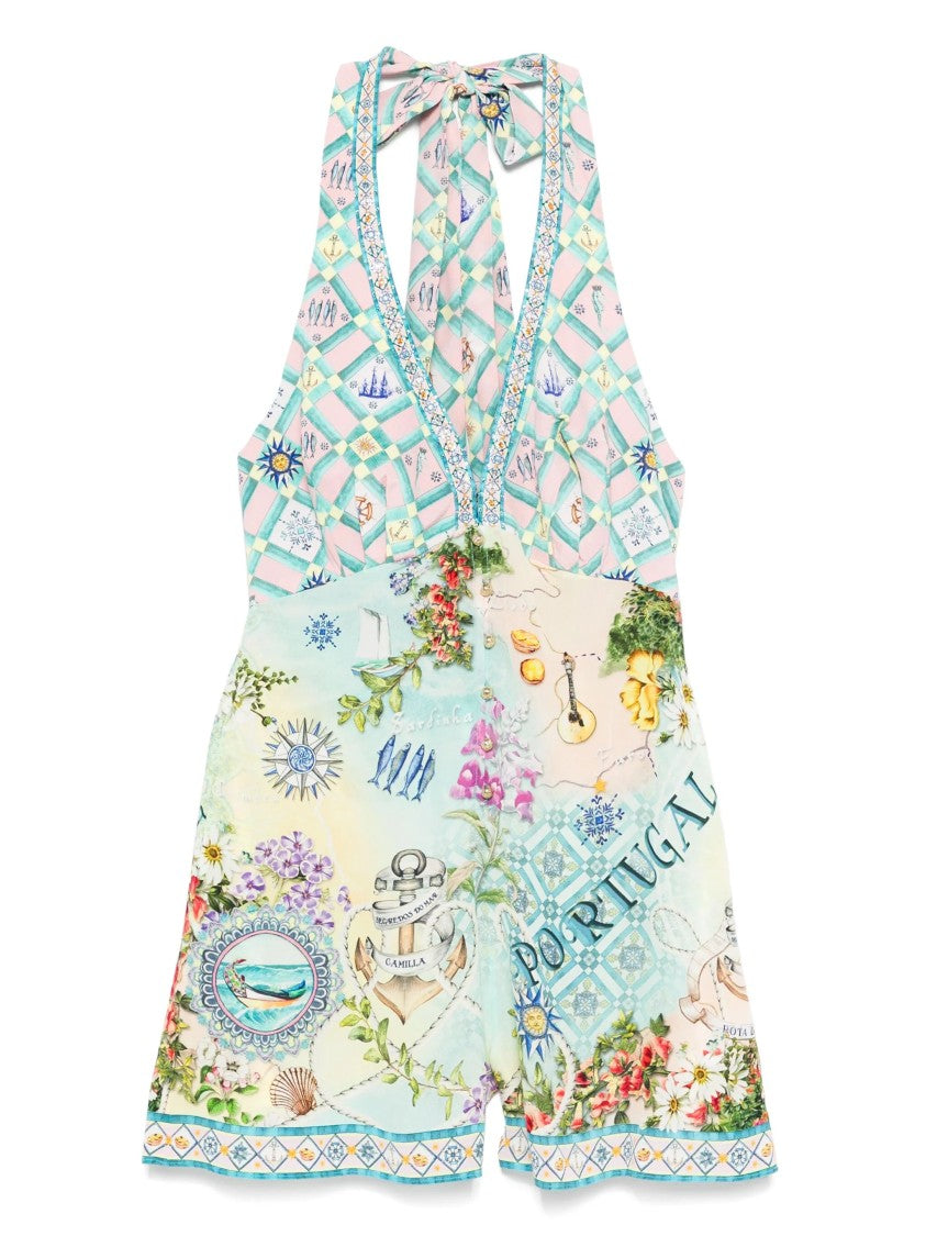 Camilla Graphic Print Silk Jumpsuit With Halterneck Tie And V-Neckline