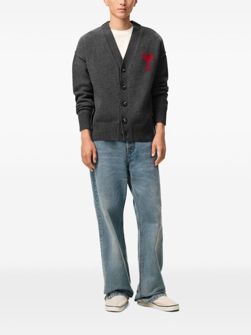 Ami Paris Dark Grey Cardigan Sweater With Iconic Heart Embroidery