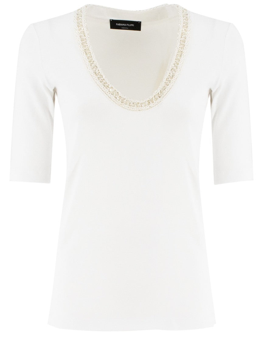 Fabiana Filippi Ribbed Optical White Cotton T-Shirt