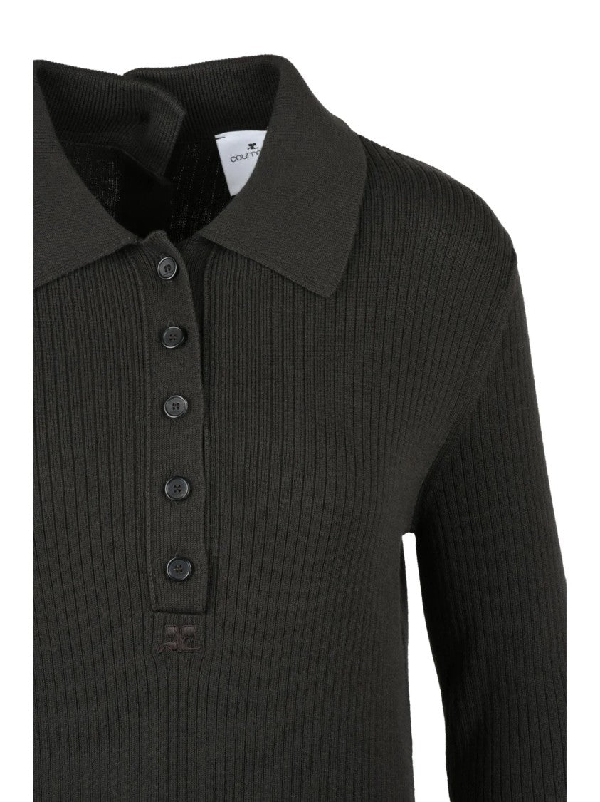 Courrèges Ribbed Knit Midi Dress With Button Placket And Textured Pattern