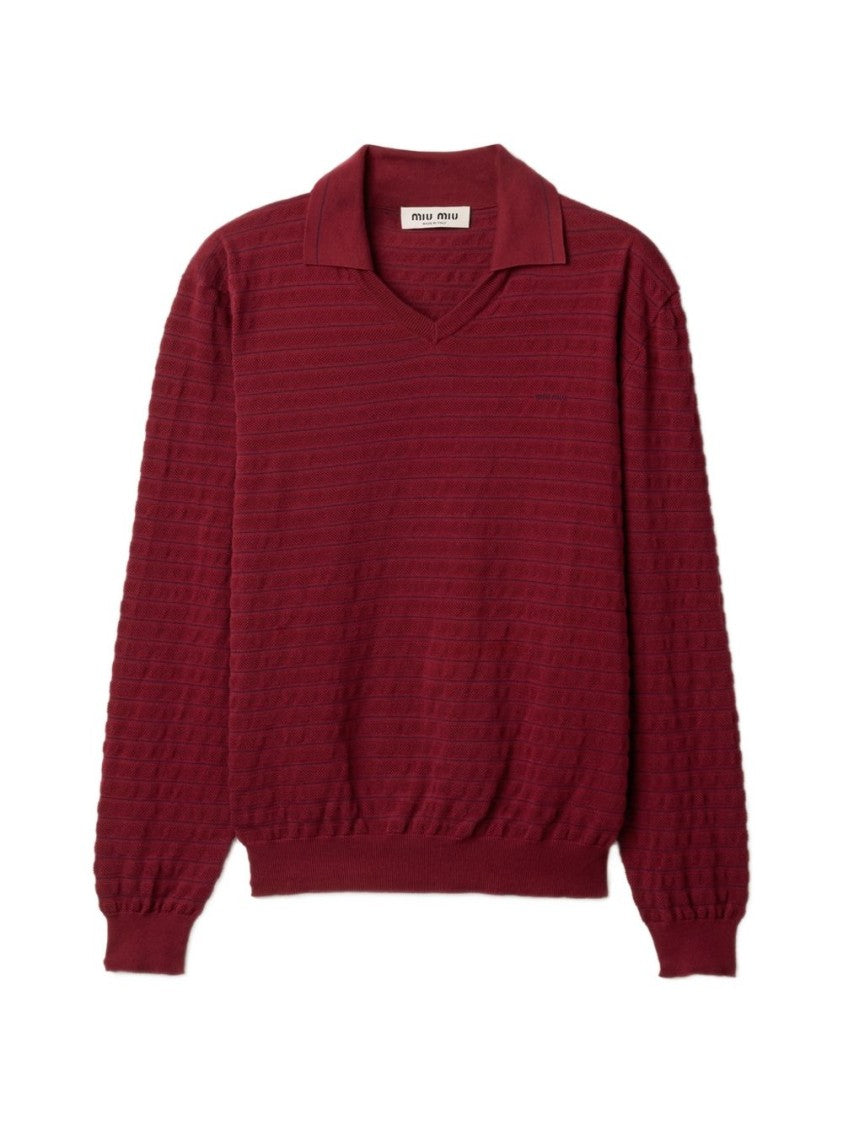 Miu Miu Textured V-Neck Long-Sleeved Ribbon Top