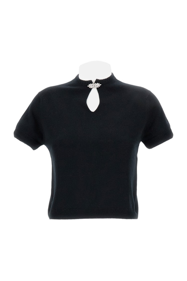 Barrie Short-Sleeved Wool Top With Rhinestone Brooch And Keyhole Neckline