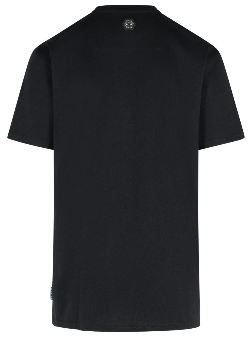 Philipp Plein Crew Neck Black T-Shirt With Crystal Skull Design And Logo Patch