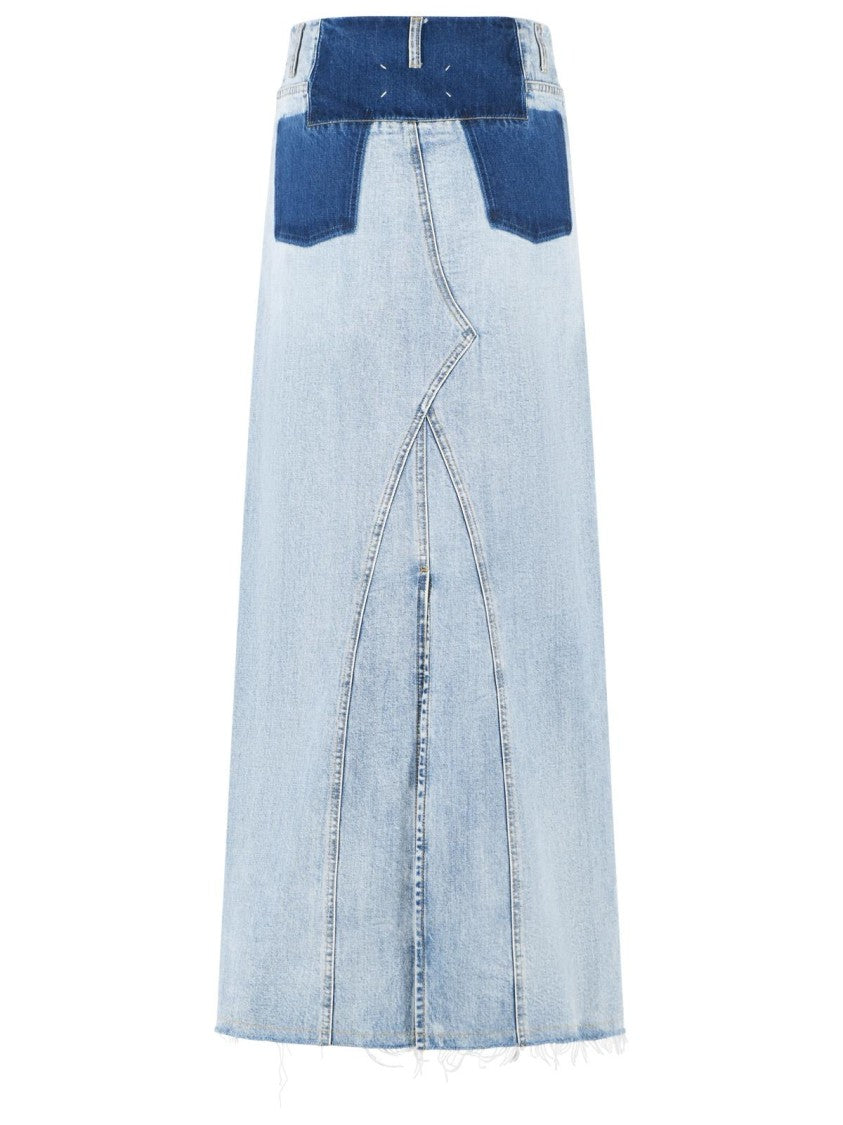 Maison Margiela Denim Maxi Skirt With Iconic White Stitching And Raw Hem