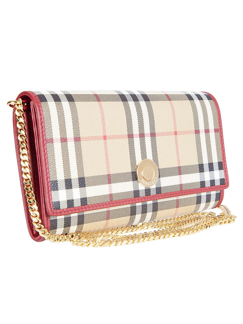 Burberry Checkered Wallet With Gold Emblem And Chain Strap