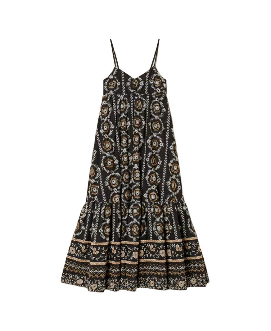 Twinset U&B Black Cotton Muslin Sangallo Embroidery Empire Dress