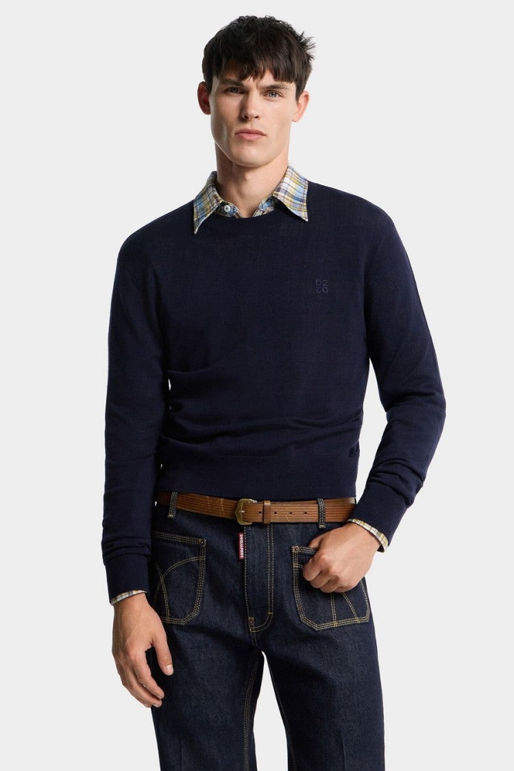 Dsquared2 Navy Crewneck Tonal D2 Logo Wool Sweater