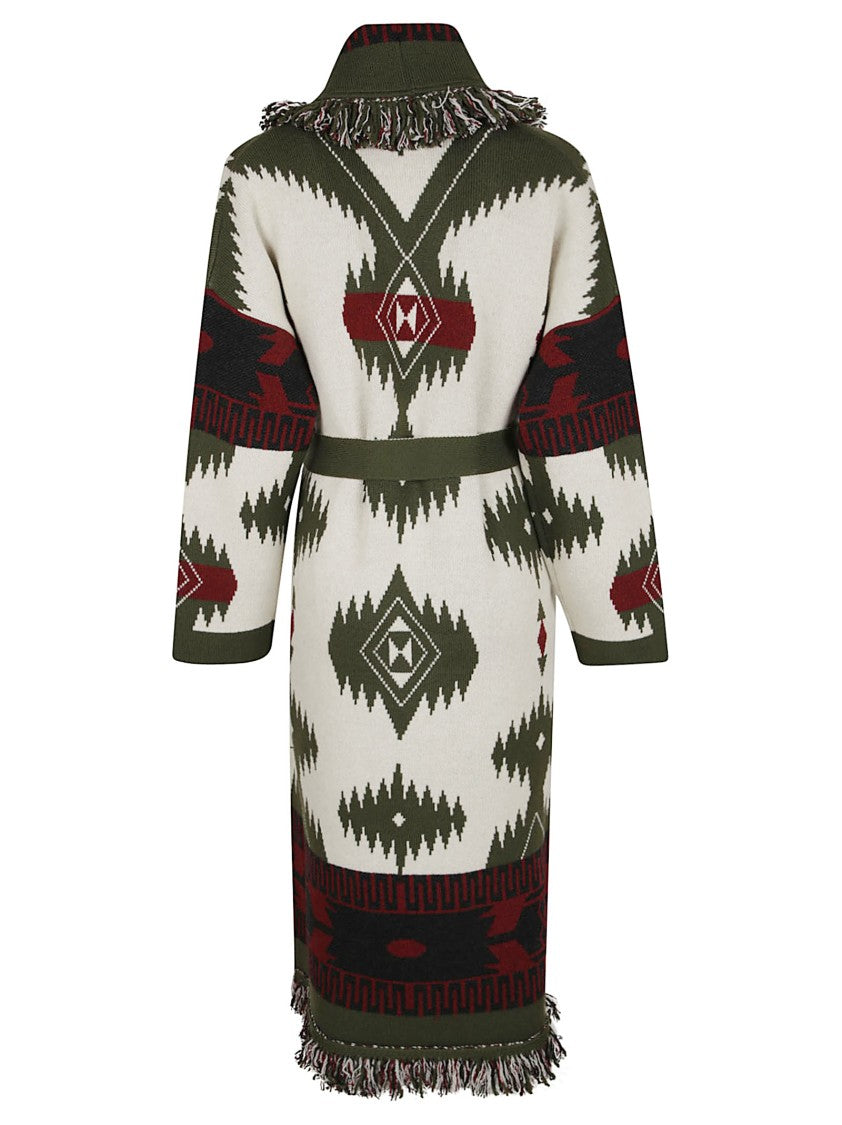 Alanui Geometric Tribal Knit Cardigan With Shawl Collar And Fringe Detailing
