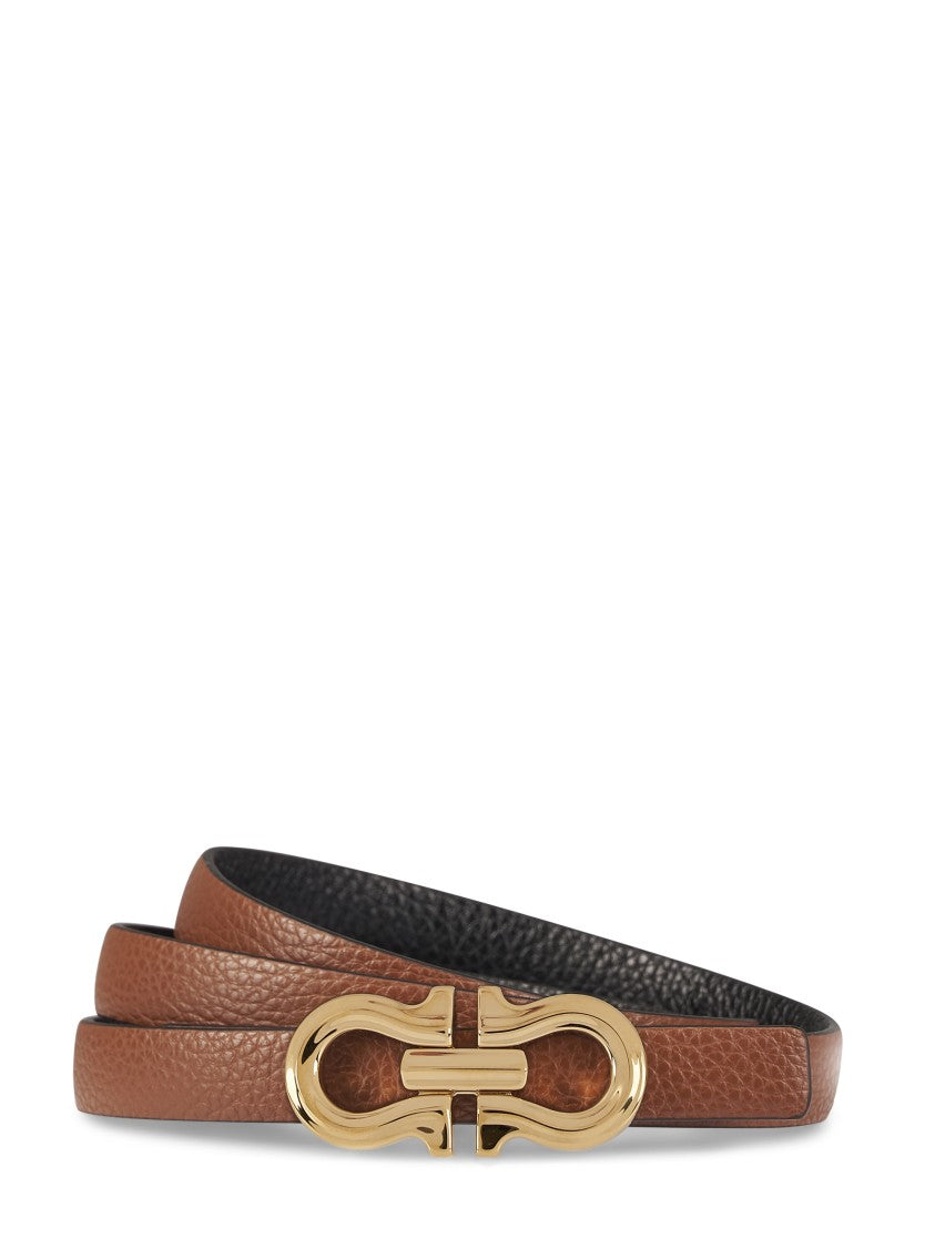 Ferragamo Reversible Cognac And Black Belt With Distinctive Gold Buckle