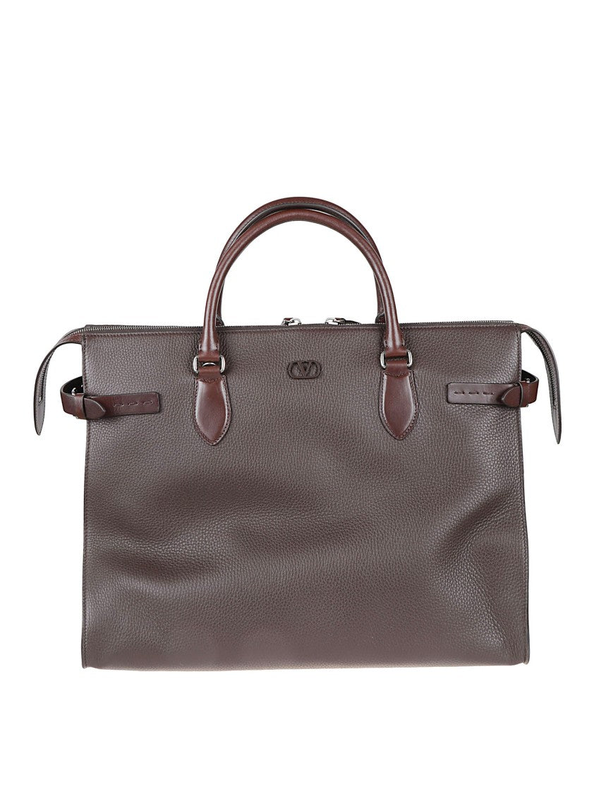 Valentino Garavani Rectangular Brown Leather Bag With Pebbled Texture