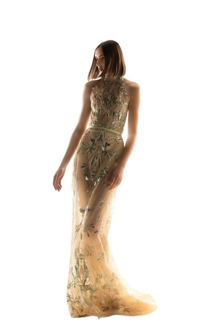 Saiid Kobeisy Halter-Neck Lace Dress With Intricate Dandelion Embroidery