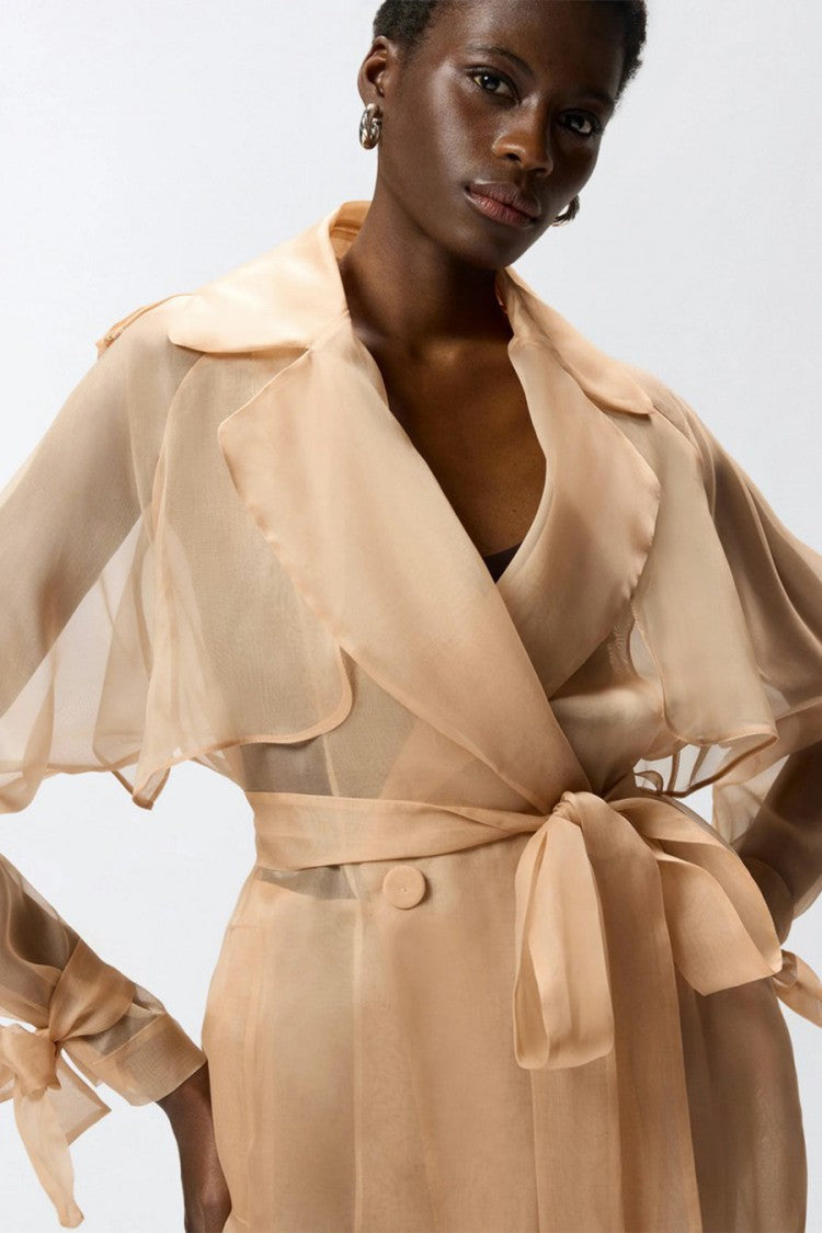 Pinko Beige Sheer Double-Breasted Self-Tie Belt Silk Trench Coat