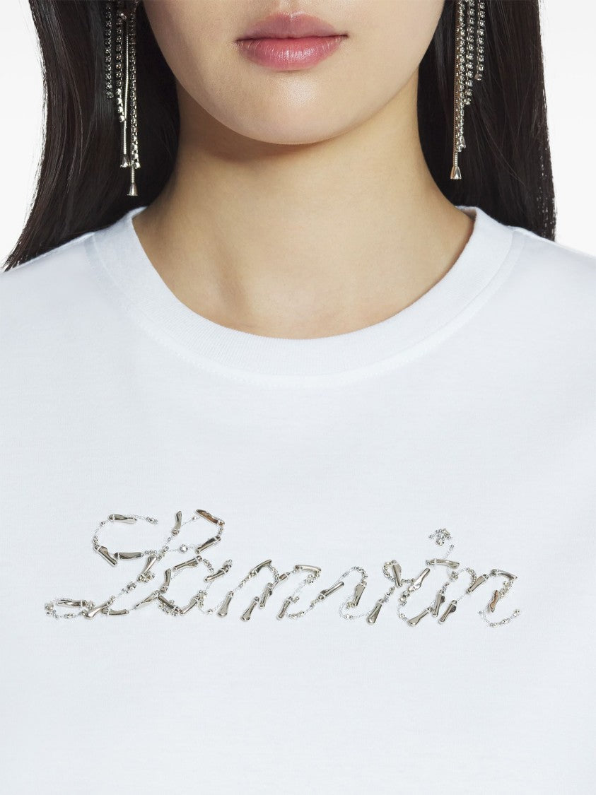 Lanvin White Embroidered Script Logo Sequin T-Shirt