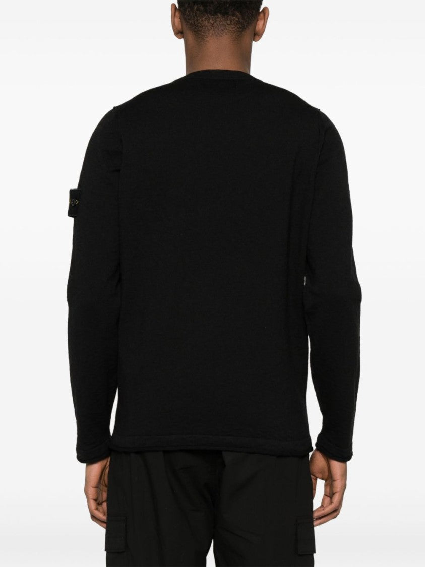 Stone Island Minimalist Black Crew Neck Sweater With Iconic Patch