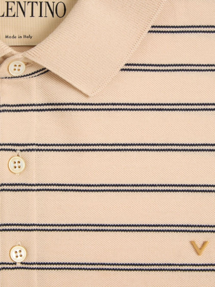 Valentino Garavani Beige Cotton Pique Navy Stripe Polo Shirt