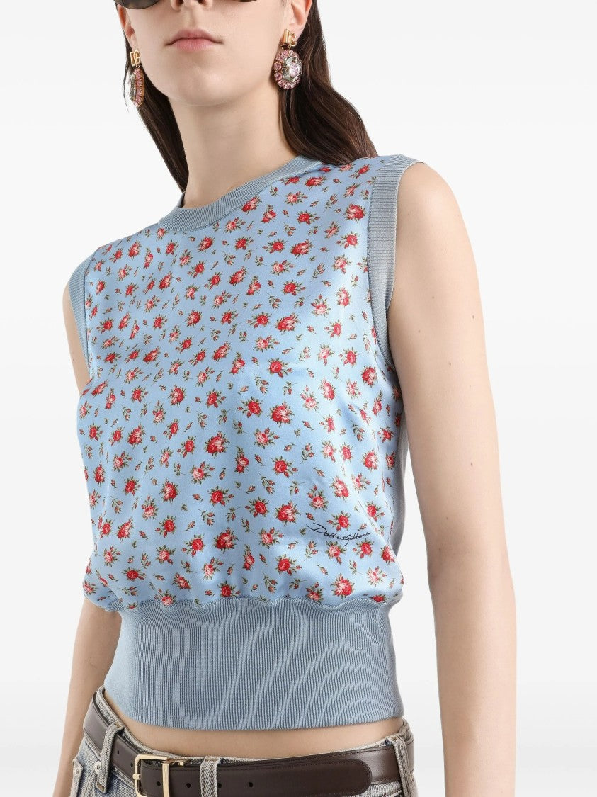Dolce & Gabbana Light Blue Floral Print Silk Top