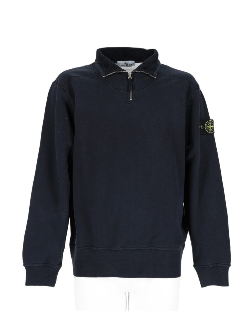 Stone Island Deep Blue Cotton Long-Sleeve Zip Collar Polo Shirt