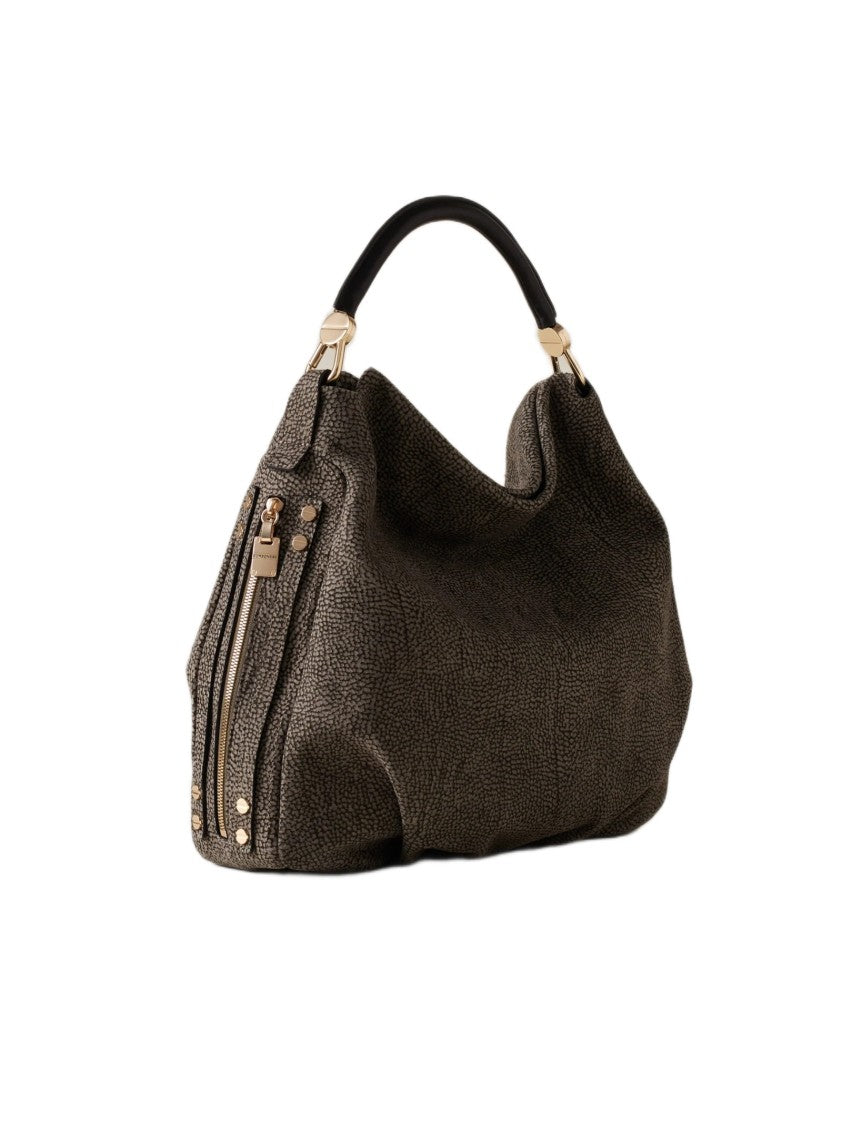 Borbonese Textured Brown Handbag With Contrasting Handle And Gold-Tone Accents