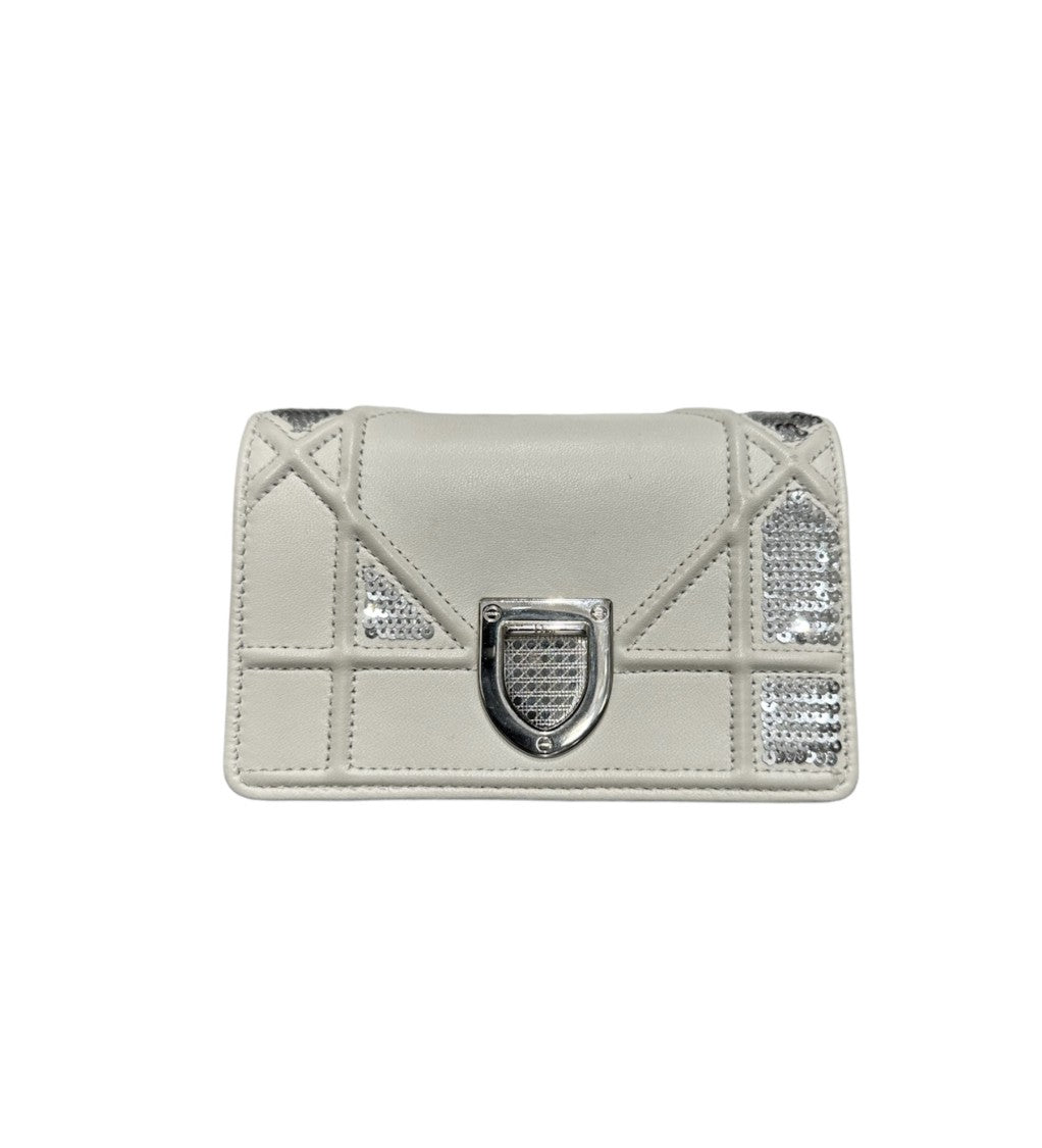 Dior Mini Diorama White Leather Shoulder Bag With Silver Sequins