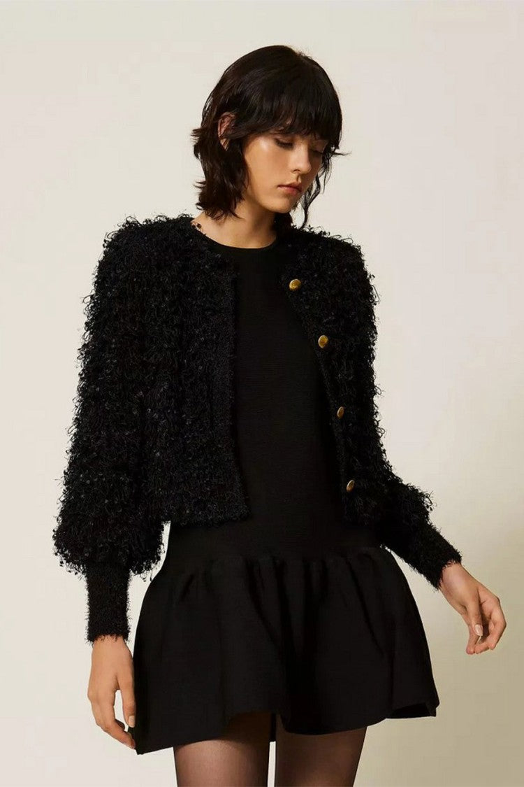 Twin-Set Black Polyester Bouclé Cropped Jacket