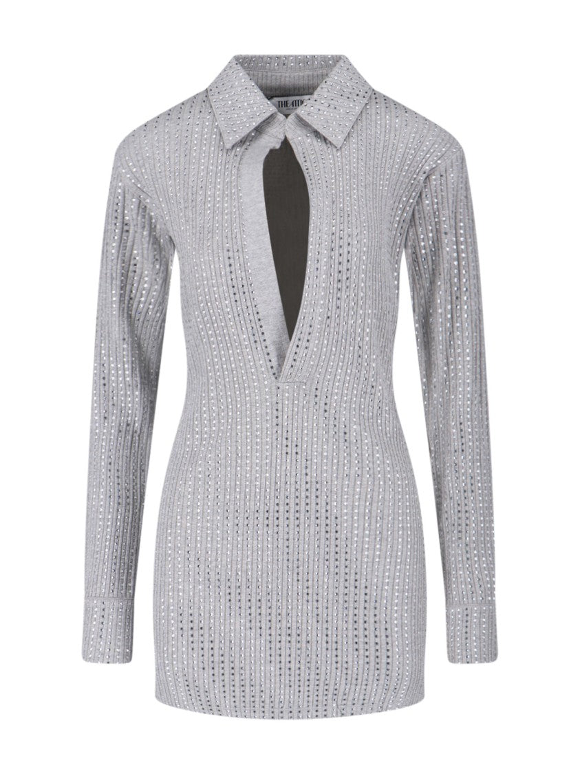 The Attico Fitted Grey Mini Dress With Reflective Embellishments