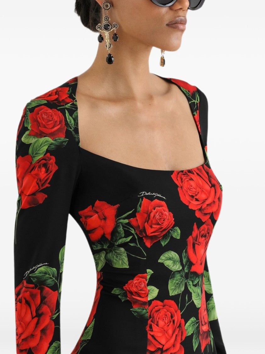 Dolce & Gabbana Fitted Signature Rose Prints Midi Dress