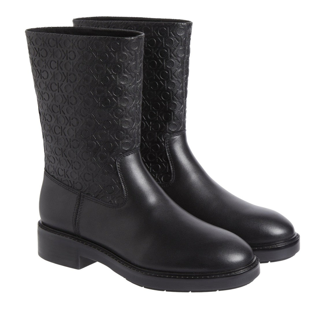 Calvin Klein Black Textured Upper Flat Leather Ankle Boots