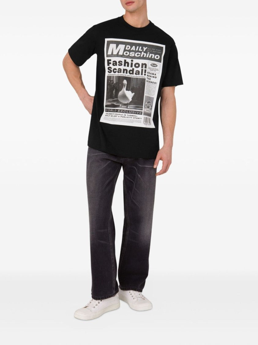 Moschino Black Newspaper Graphic Relaxed Fit T-Shirt