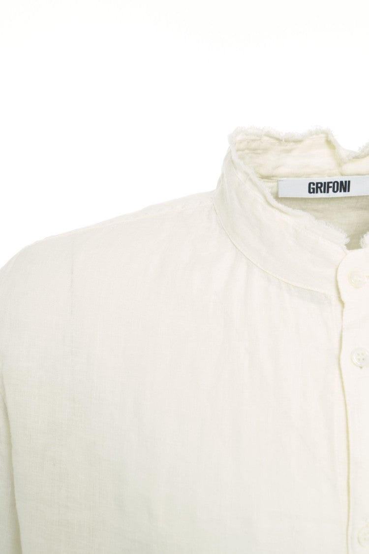 Grifoni Mandarin Collar Linen Shirt With Rounded Hem