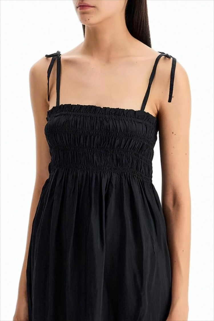 Ganni Smocked Midi Dress With Adjustable Tie Straps
