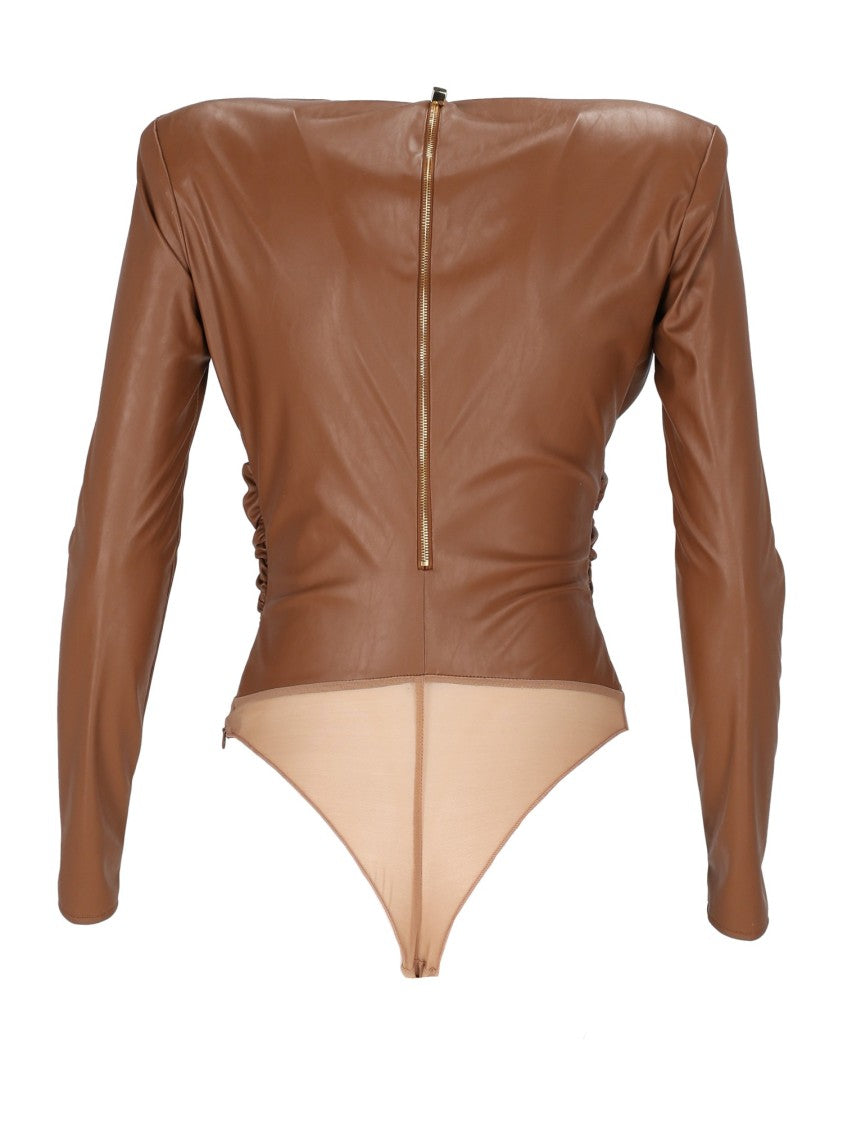 Elisabetta Franchi Faux Leather Bodysuit With Twisted Front Design