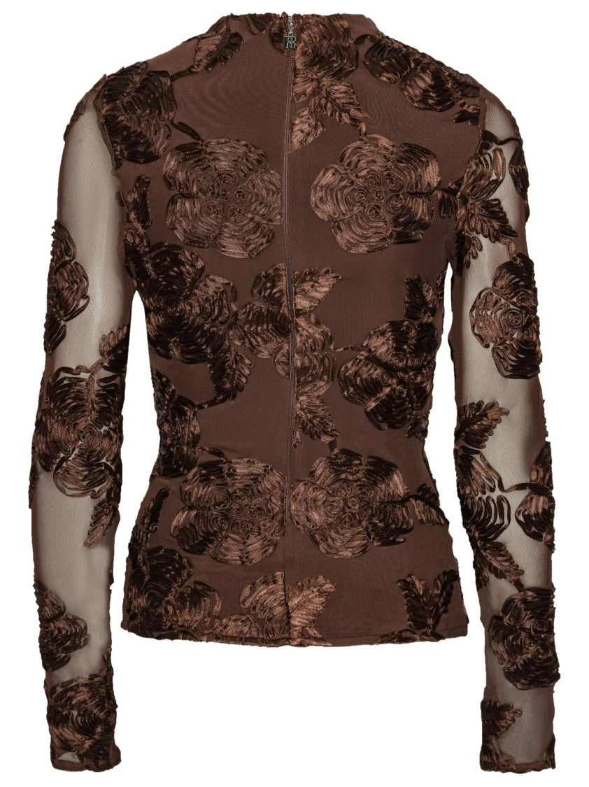 Rotate Floral Appliqué Sheer Mesh Long-Sleeve Top