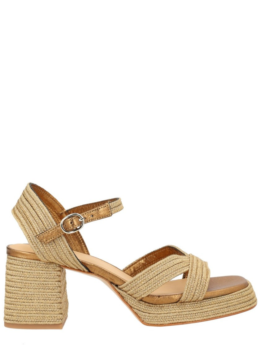 Castaner Neutrals Crisscross Straps Metallic Block Sandals