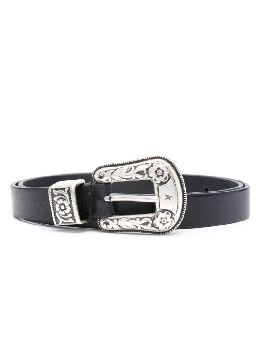 Golden Goose Ornate Silver-Engraved Buckle Black Leather Belt