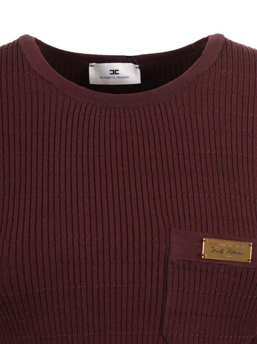 Elisabetta Franchi Burgundy Tricot Ribbed Knit Top
