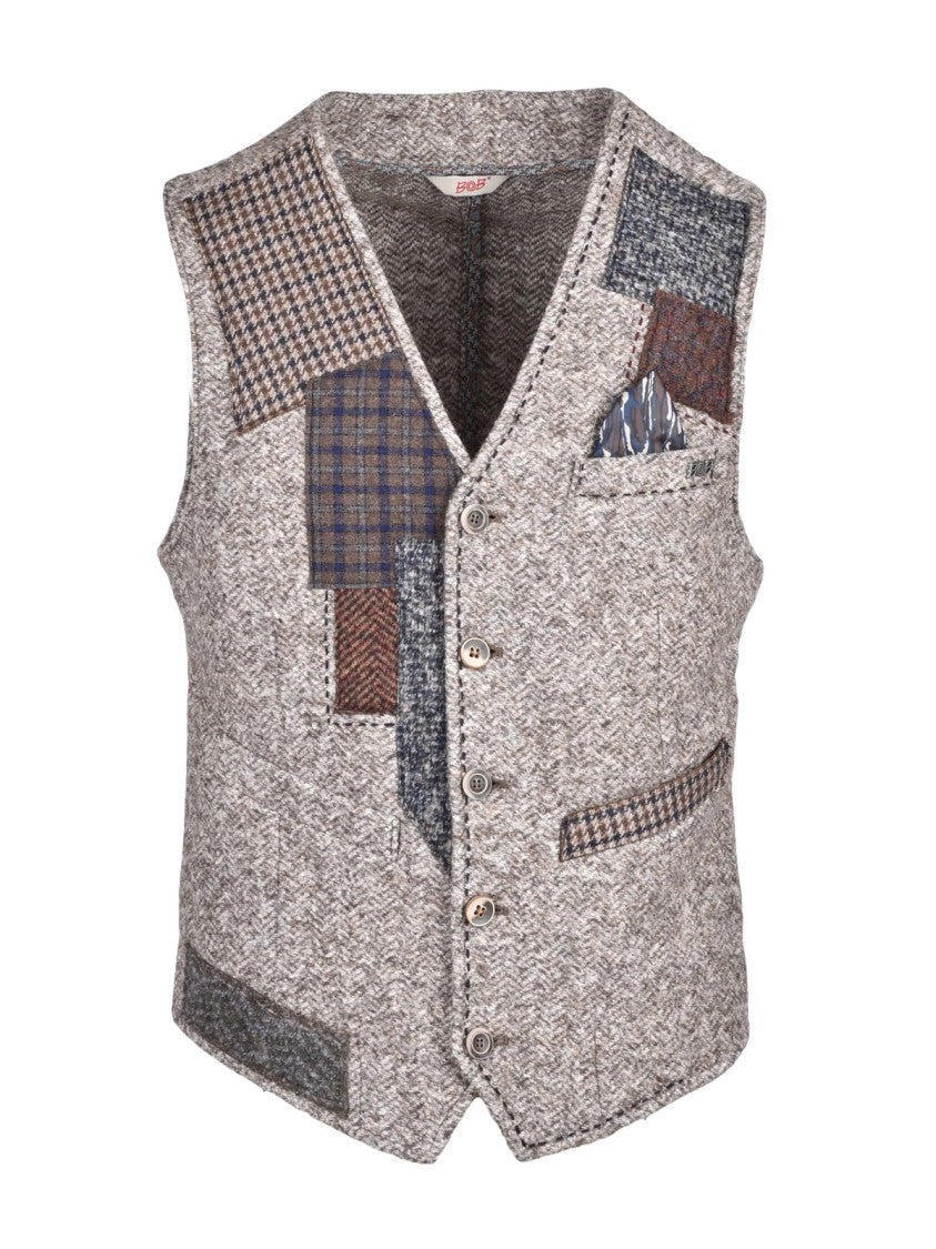 Bob Eclectic Patchwork Mens Vest With Textured Herringbone Base