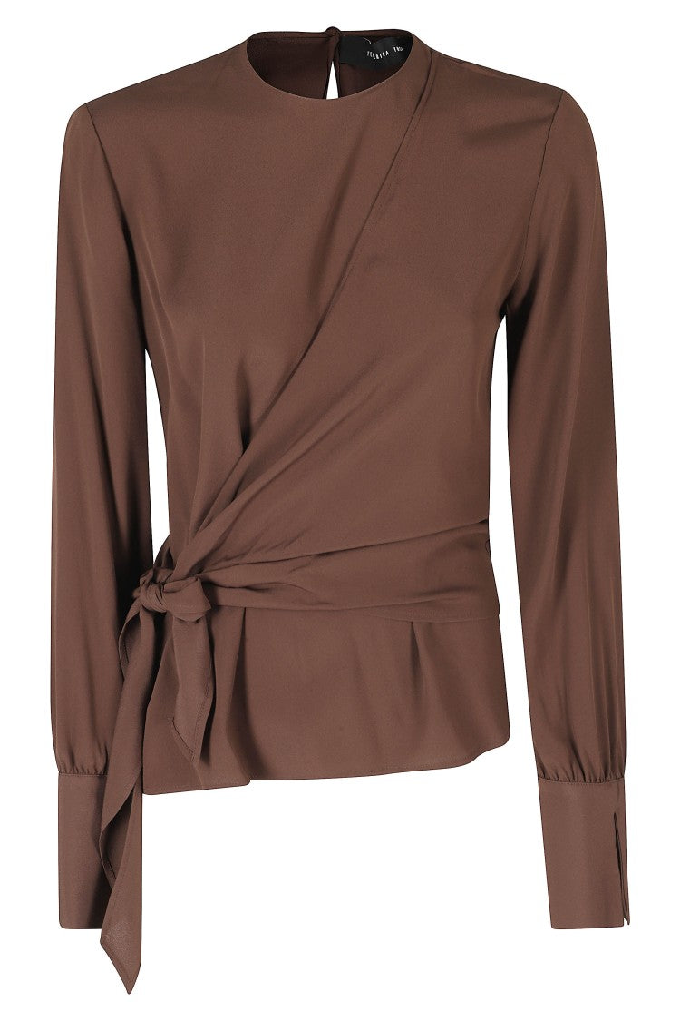 Federica Tosi Brown One-Shoulder Removable Sleeve Acetate-Silk Blouse