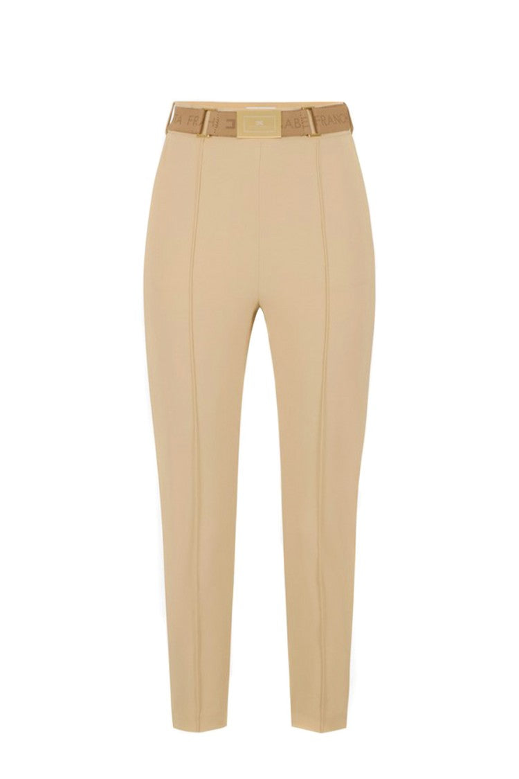 Elisabetta Franchi Camel Gold-Buckle Logo Belt Polyamide-Blend Cropped Pants