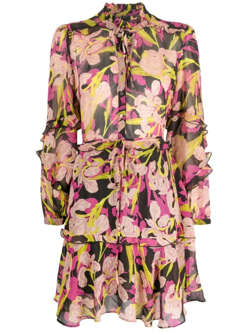 Pinko Floral Tiered Midi Dress With Ruffled Neckline And Sleeves