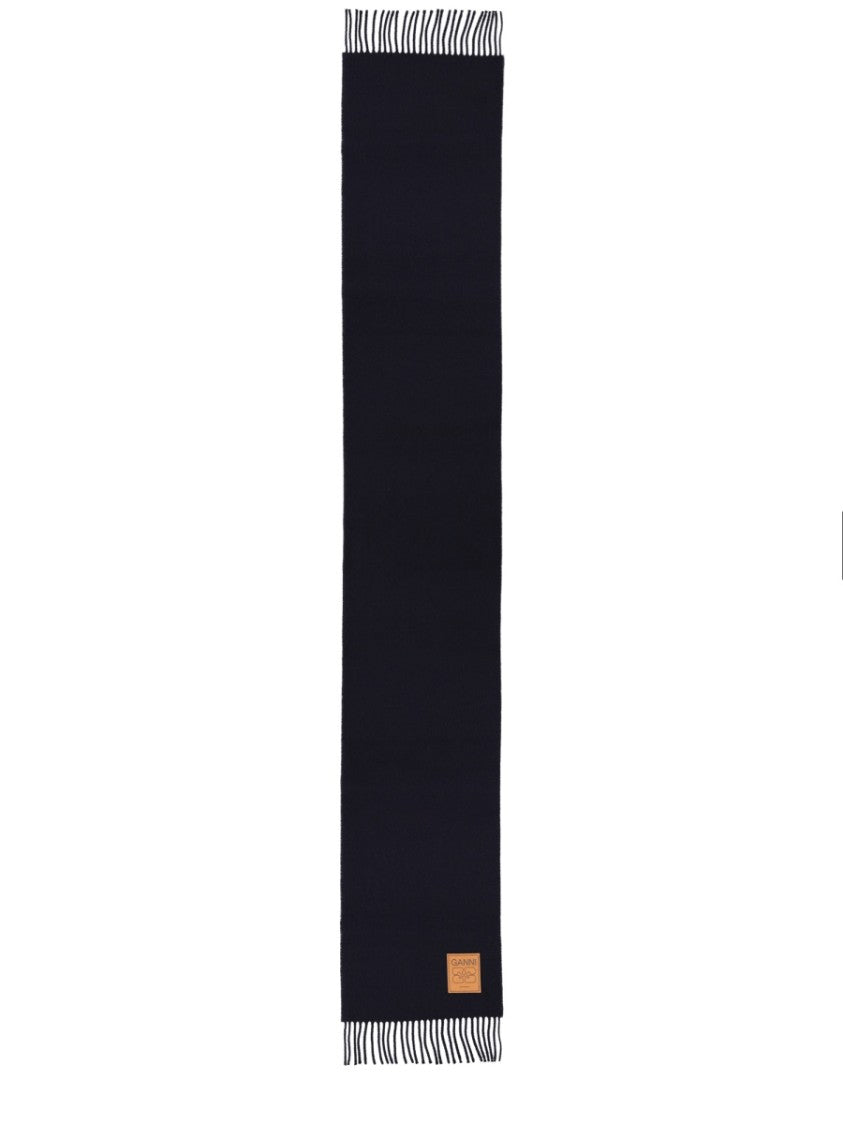 Ganni Wool Rectangular Fringed Scarf