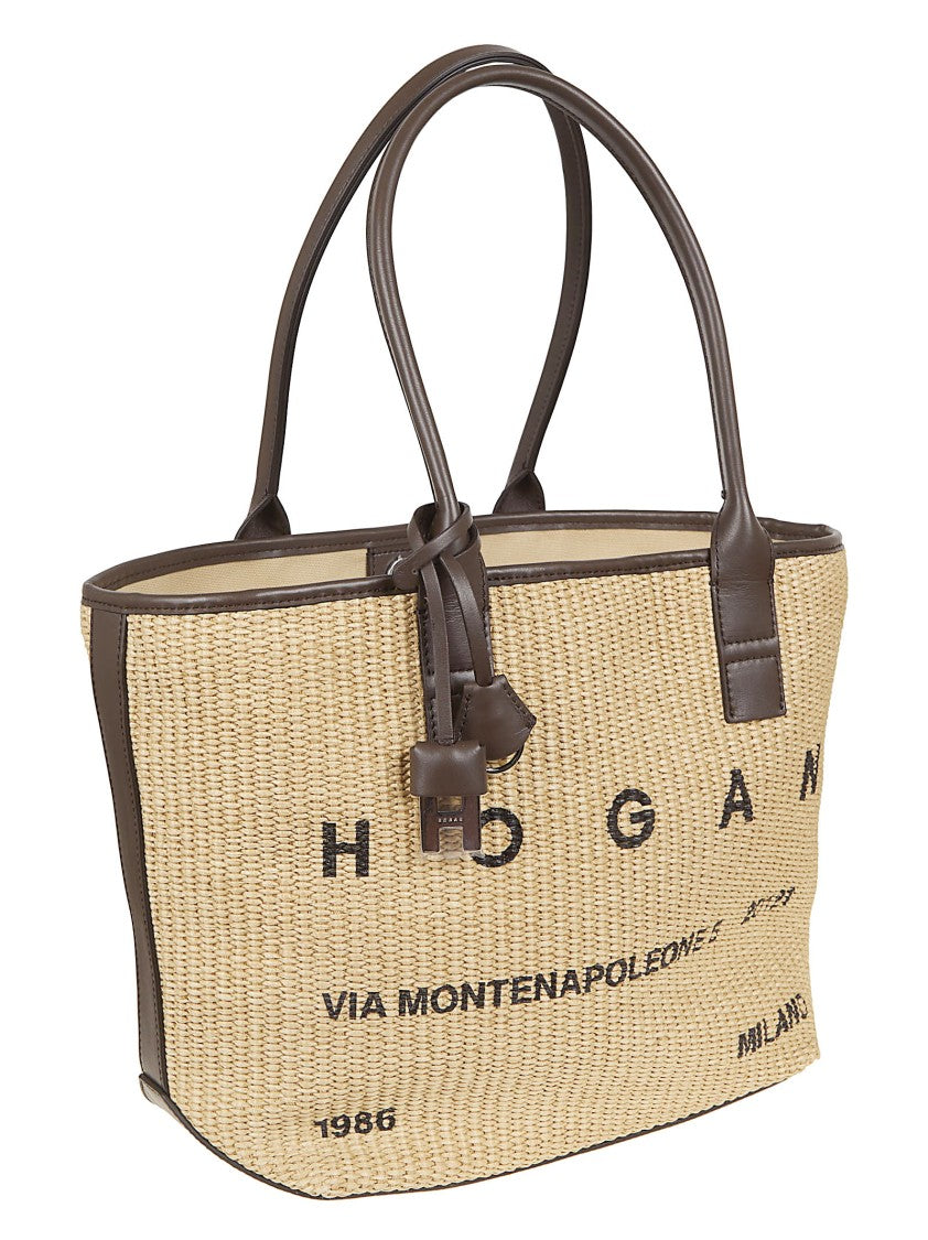 Hogan Medium Raffia Shopping Bag With Leather Trim