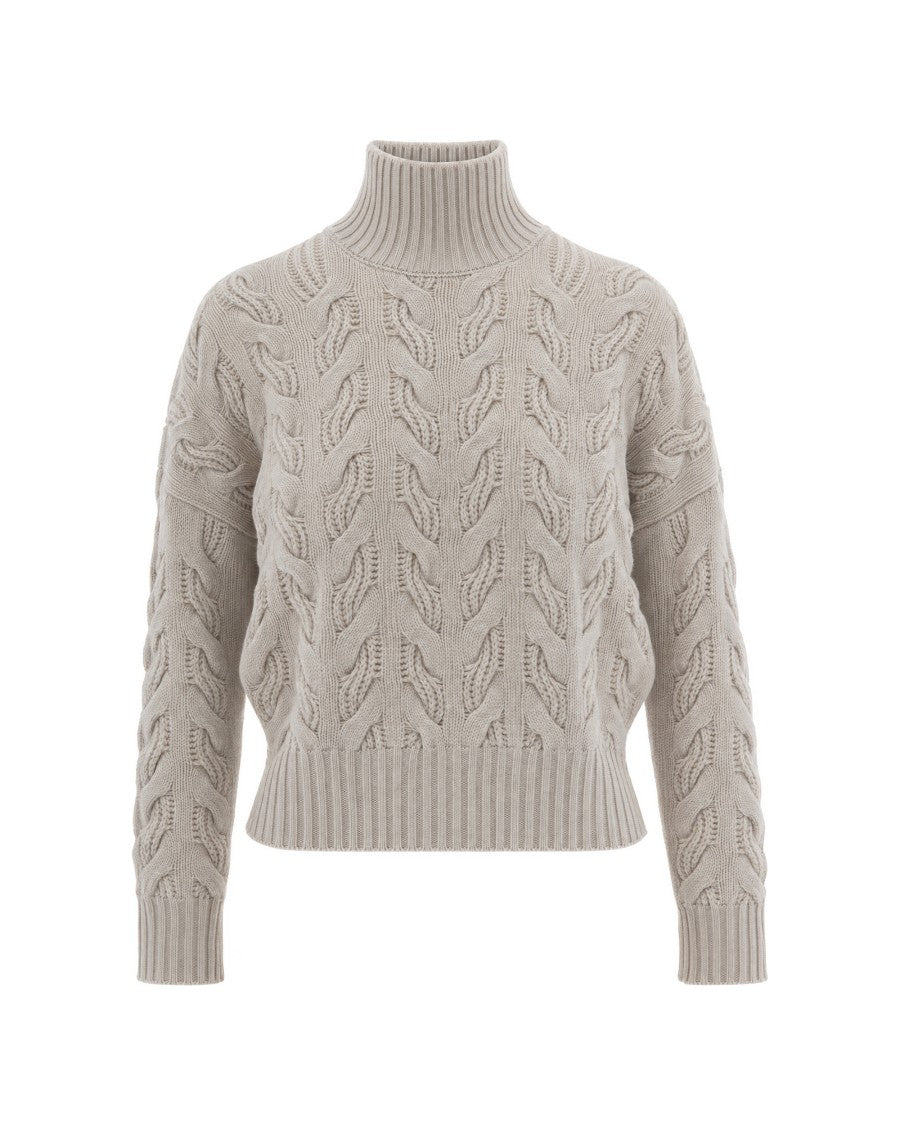 Max Mara Beige Melange Cosmo Cable Knit High-Neck Sweater